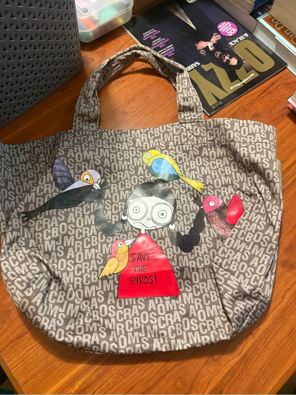 Marc By Marc Jacobs Gray Tote with Colorful Bird Graphics